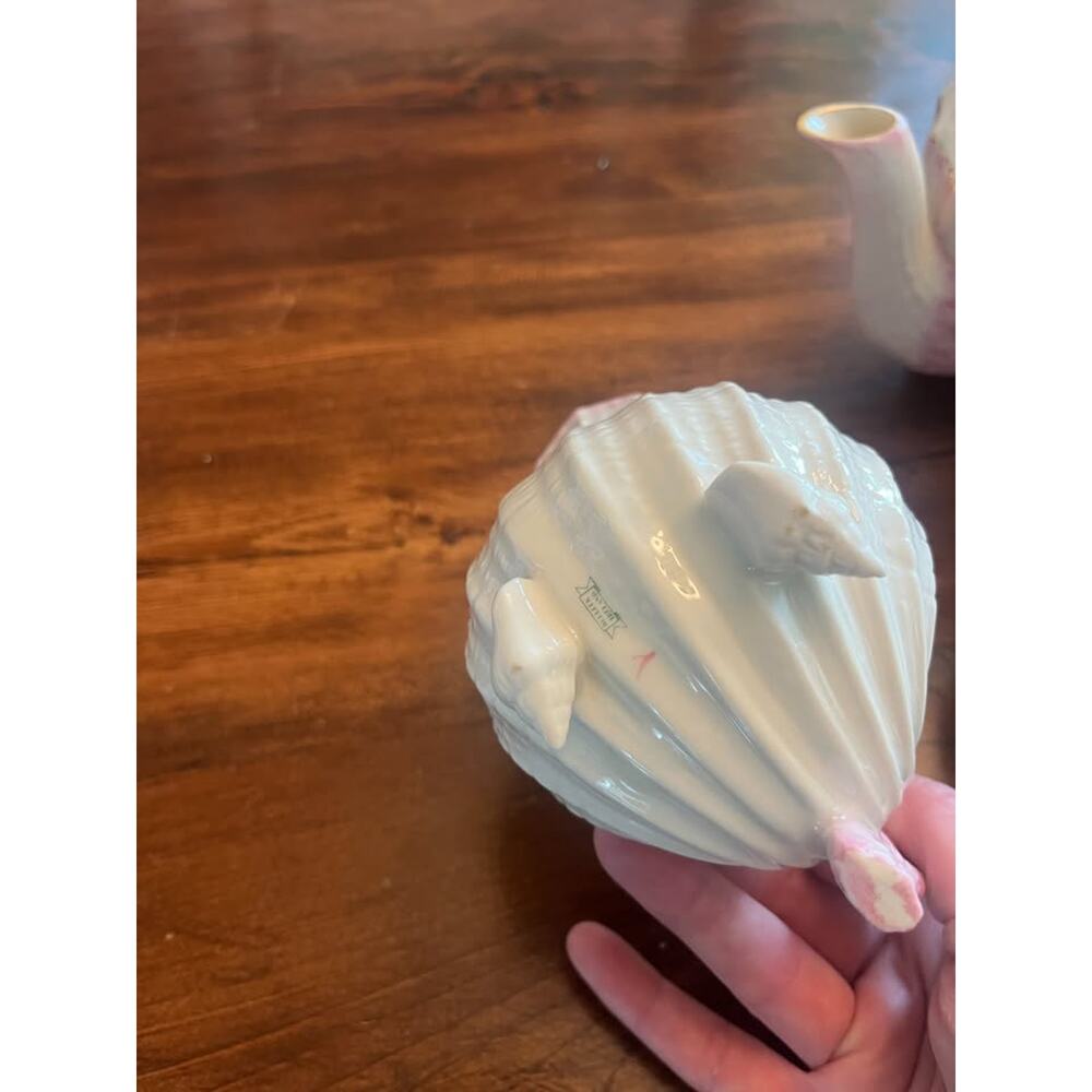 Vintage 3 Piece Belleek Tea Set Pink Neptune with Seashell Conches - Picture 4 of 7